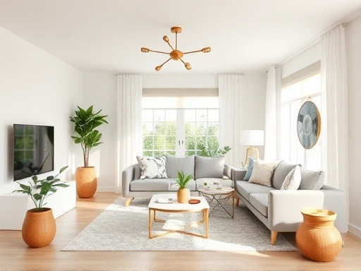 A bright and modern living room with DIY decor elements, showcasing a step-by-step interior design process.