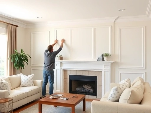 A living room with a person installing white molding on the wall, showcasing DIY home improvement.