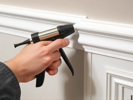 Close-up of a hand using a caulking gun to seal the edges of a newly installed molding.
