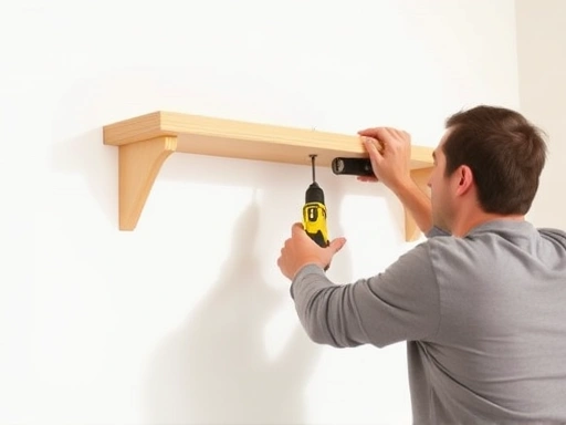 A person installing a wooden shelf on a white wall, using a drill and level, bright daylight.