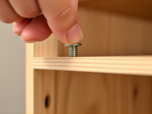 Close-up of a hand tightening a screw into a shelf bracket, focus on the screw and bracket.