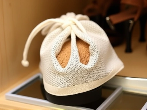 Close-up of a DIY natural shoe deodorizer, such as a small fabric bag filled with baking soda or coffee grounds, placed inside a shoe or on a shoe cabinet shelf, highlighting the freshness and practicality.