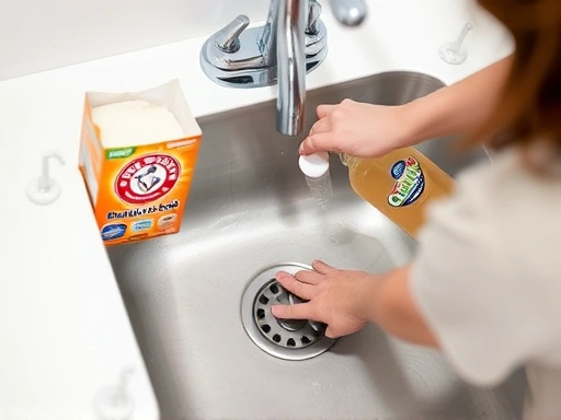 A person cleaning a clogged kitchen sink drain with baking soda and vinegar.