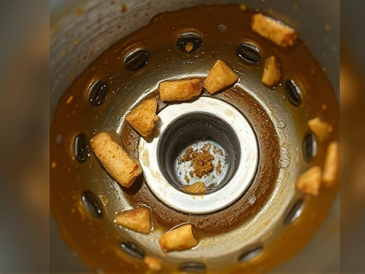 Close-up of a clogged sink drain with visible food particles and grease buildup.