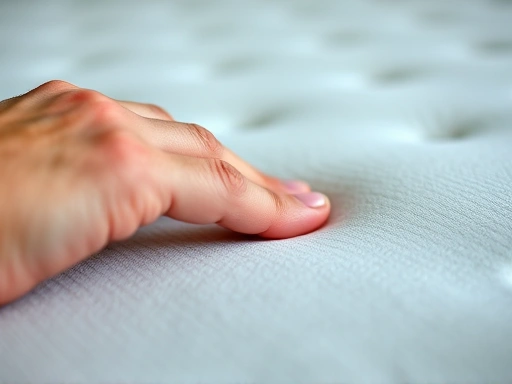 A close-up of a hand testing the firmness of a mattress, showing the subtle indentation. Focus on texture and support, with keywords like 