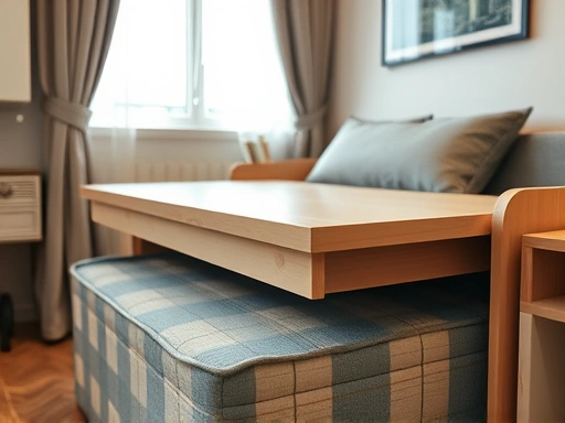 Close-up view of a multi-functional furniture piece, possibly a compact desk transforming into a bed or a sofa with integrated storage, showcasing innovative space-saving design in a small room.