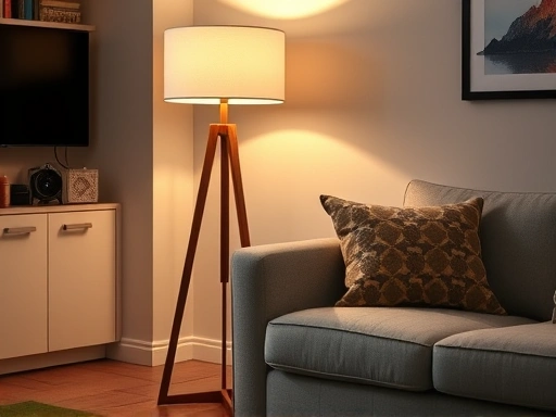 A cozy living room scene featuring a stylish floor lamp next to a comfortable sofa, warm lighting.