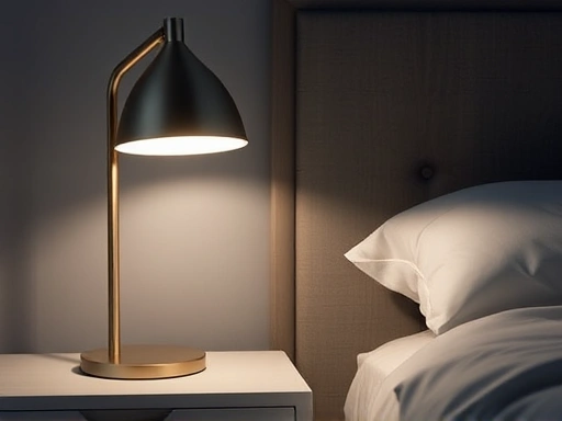 Close-up of a modern table lamp on a bedside table, highlighting its design and soft, diffused light.