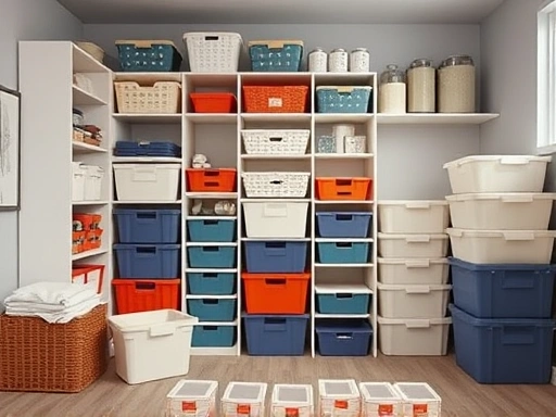 A tidy room with various sized storage boxes and organizers, showcasing efficient space use with SEO keywords.
