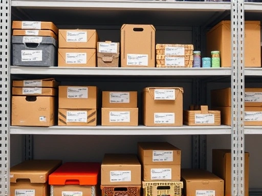 Close-up on organized shelves with storage boxes, highlighting labels and contents, featuring SEO keywords for storage solutions.