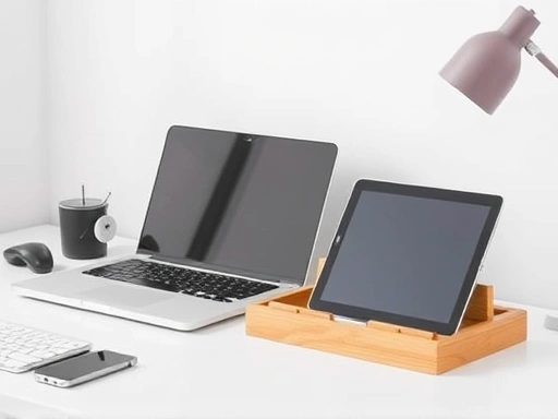 A modern desk setup with a laptop and tablet neatly organized using a wooden desk organizer.