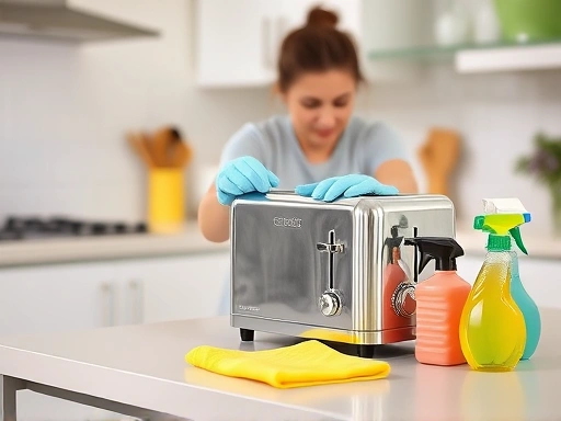 A person cleaning a toaster in a bright kitchen with cleaning supplies and a toaster