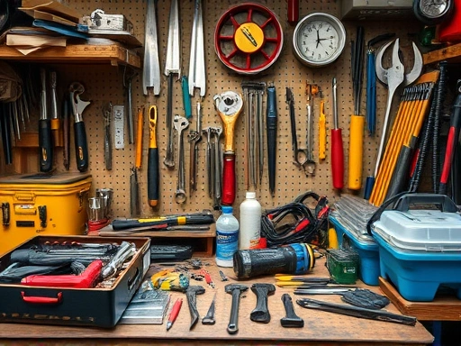 A cluttered workshop with various tools, focus on organizing tools and drivers efficiently.