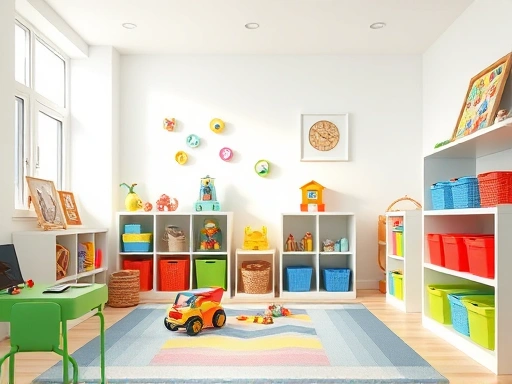 A brightly lit children's playroom with various organized toys in colorful bins and shelves.