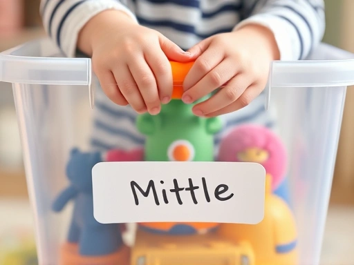 Close-up of a child's hands placing a toy in a labeled transparent storage bin.