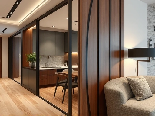{Close-up of a modern 투룸 apartment with a stylish partition wall, highlighting the details of the divider and its integration with the overall design.}