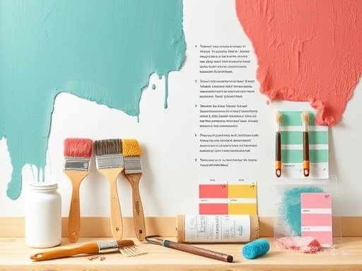 Detailed guide to wall self-painting with brushes and rollers, showcasing color swatches and painting tools.