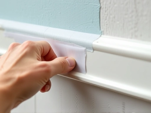 Close-up of a hand applying masking tape to a wall edge before painting, with focus on precision.