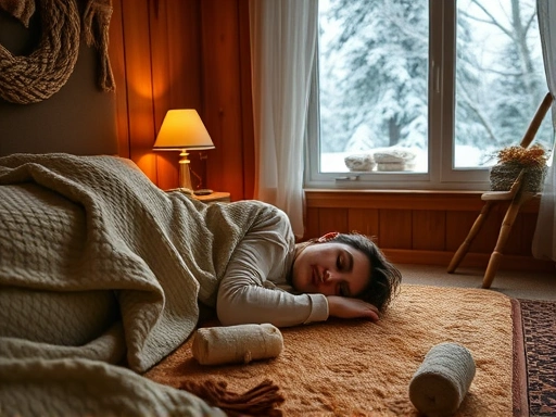 A cozy bedroom scene with a person sleeping soundly on a warm mat during winter.