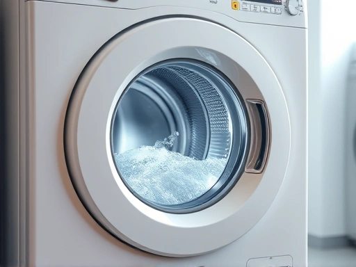 A clean, modern washing machine glowing, with sparkling water inside, symbolizing cleanliness and hygiene in a bright laundry room.