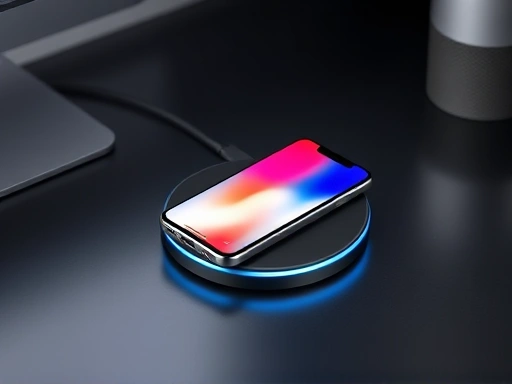 A wireless charging pad on a desk with a smartphone charging, showcasing a clean and modern setup.