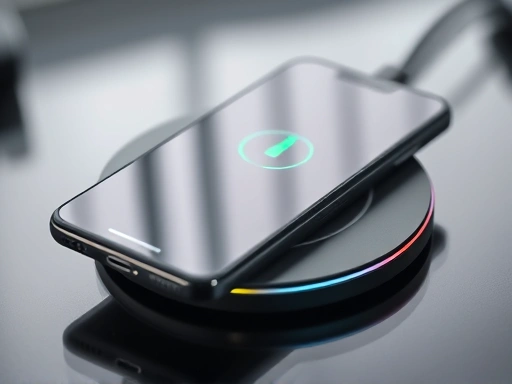 Close-up of a smartphone placed on a wireless charging pad, highlighting the charging indicator and sleek design.
