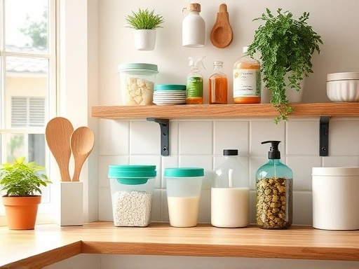 A bright, eco-friendly kitchen scene showcasing reusable containers and natural cleaning products on wooden shelves.