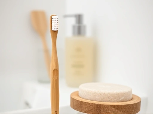 Close-up shot of a bamboo toothbrush and solid shampoo bar in a minimalist, eco-friendly bathroom setting.