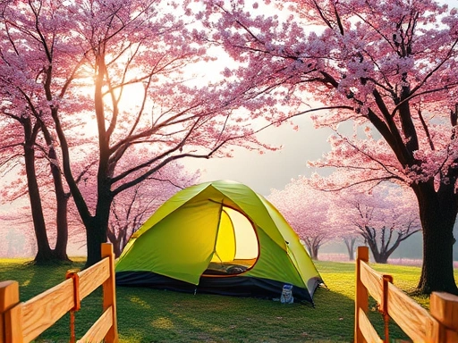 A vibrant campsite filled with blooming cherry blossoms, a tent pitched under pink trees, warm sunlight, and soft morning mist.