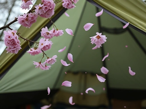 Close-up of a camping tent with a flurry of pink cherry blossom petals gently falling onto its fabric, capturing a serene spring moment.