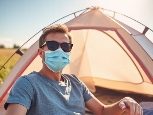 A person enjoying spring camping comfortably without pollen allergies, wearing a mask and sunglasses, with a clean tent in a sunny, breezy open field.