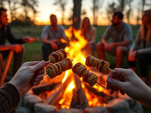 A cozy outdoor scene at dusk, with a warm crackling campfire in the foreground, friends gathered around, and hands holding roasting skewers with simple delicious snacks, surrounded by nature, inviting and relaxing atmosphere.
