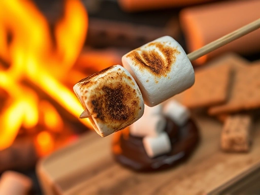 A close-up shot of golden-brown roasted marshmallows on a stick, with melted chocolate and graham crackers on a wooden board next to the fire, focusing on the texture and warmth of the snacks, delicious and easy.