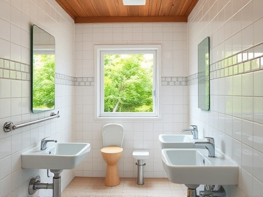 A clean and modern restroom facility at a scenic campsite near Seoul, featuring white tiled walls, well-maintained sinks, and lush greenery outside the window, ensuring comfort for campers.