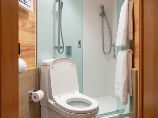Close-up of a sparkling clean toilet and shower stall within a campsite's washroom, emphasizing hygiene and user comfort, with soft lighting and fresh towels.