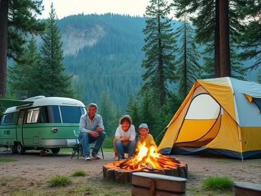 A family happily camping in a beautiful, popular campsite during peak season, enjoying nature with tents and campfire, highlighting peak season camping.