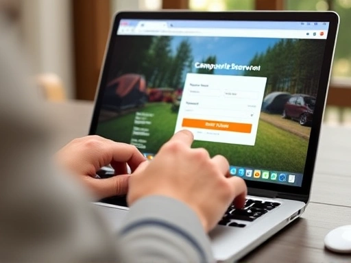 Close-up of a person's hands quickly clicking on a campsite reservation website on a laptop, showing a successful booking screen, emphasizing campsite reservation success.