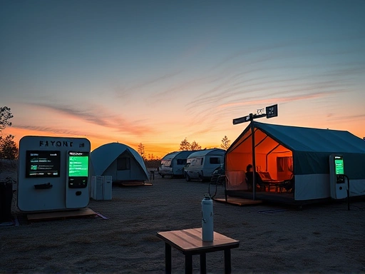 A modern, high-tech campsite at sunset, featuring smart check-in kiosks, sleek glamping units, and electric vehicle charging stations, with happy campers around. Natural lighting, advanced tech.