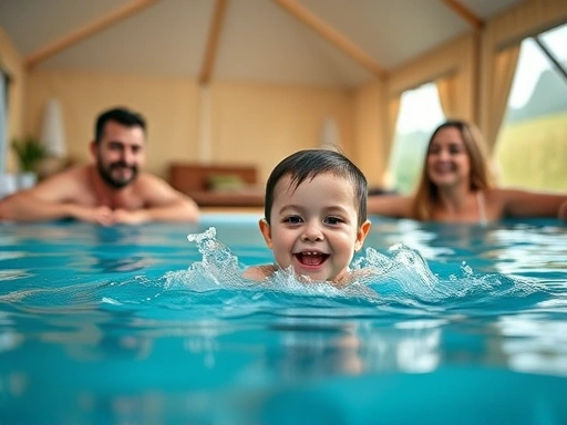 Close-up of a family enjoying an indoor heated pool at a glamping site, with a child splashing happily and parents relaxing. Focus on the water and comfortable environment.