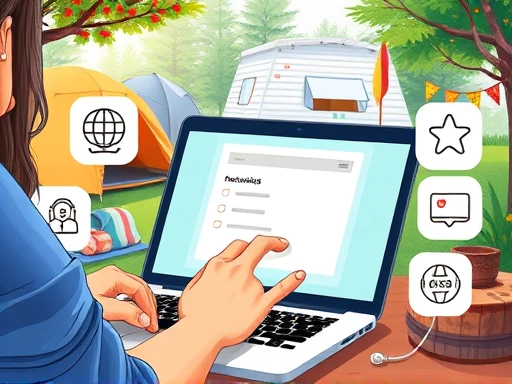 A detailed illustration of a person confidently clicking on a laptop, surrounded by icons representing popular camping reservation platforms, with a calendar showing a successful reservation in the background, set against a vibrant summer camping scene.