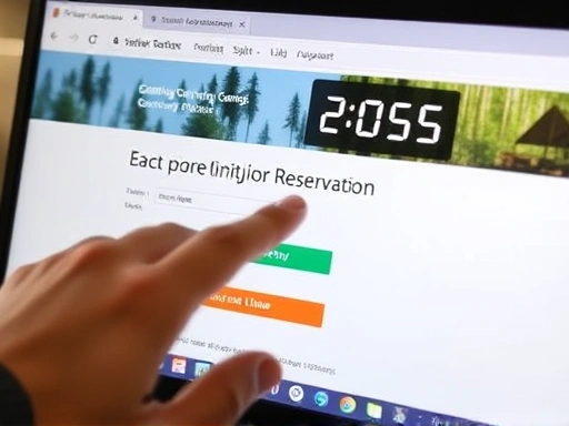 Close-up of a hand quickly navigating a camping reservation website on a computer screen, with a digital clock showing the exact reservation opening time, emphasizing speed and precision.