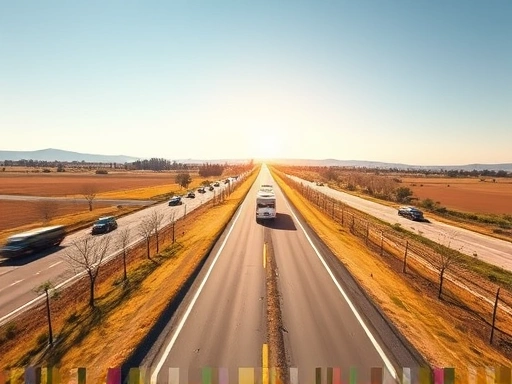 An aerial view of a clear, open road leading to a serene campsite under a clear sky, contrasting with a distant, blurred image of heavy traffic, representing a smooth holiday camping trip with traffic avoidance. It emphasizes efficient travel for outdoor enthusiasts.
