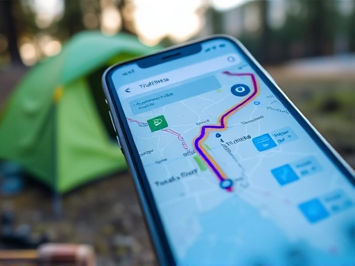 A close-up shot of a smartphone showing a real-time navigation map with an optimized, traffic-avoiding route highlighted, with a tent and camping gear subtly in the background, illustrating advanced technology for smart travel.