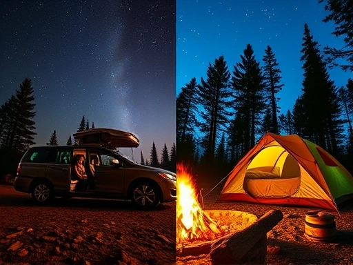 A side-by-side comparison of a cozy car camping setup under the stars versus a vibrant tent camping site with a campfire, highlighting comfort and nature integration.