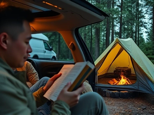 Close-up of a person enjoying a book inside a car camping setup with warm interior lights, contrasted with a detailed view of a sturdy tent pitched in a lush forest with a campfire.
