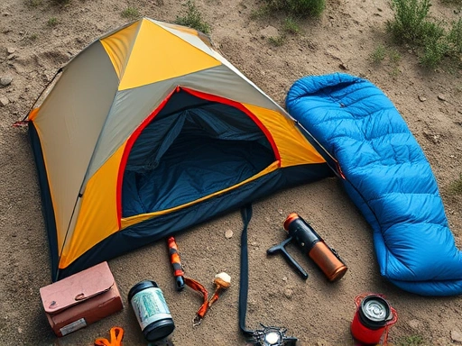 A detailed flat lay of essential camping gear for beginners, including a compact tent, sleeping bag, portable stove, and headlamp, on a minimalist outdoor background with natural light, emphasizing simplicity and functionality for a first-time camper.