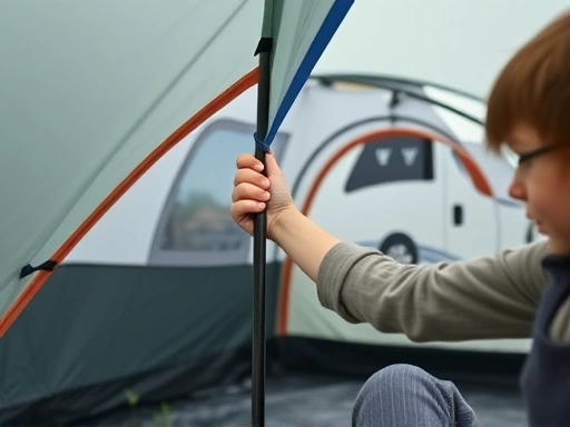A close-up shot of a beginner camper successfully setting up a simple pop-up tent at a well-maintained auto campsite, with a focus on their hands securing a pole, showing a sense of accomplishment and learning in an outdoor setting.