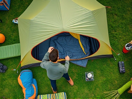 A detailed top-down view of a person setting up a camping tent in a grassy backyard, surrounded by camping gear like a sleeping bag and a small stove, demonstrating preparation.