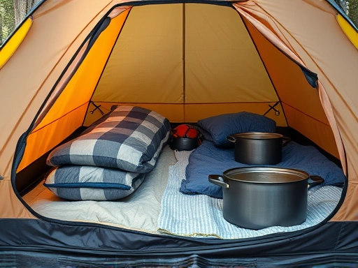 A cozy camping tent with a neatly organized array of camping gear, including folded sleeping bags and cleaned cookware, suggesting proper care and storage. Natural light, inviting atmosphere, high detail, SEO keywords: camping gear management, proper storage, outdoor equipment care.
