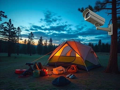 A serene camping site at dusk, with a tent securely pitched, various camping gear neatly organized, and a subtle security camera visible, emphasizing gear protection and peace of mind.